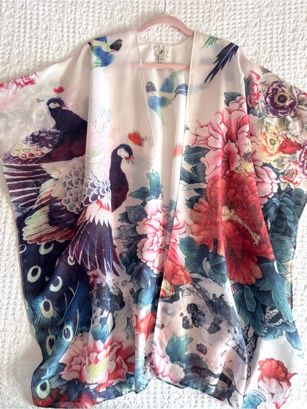 JC Sunny Peony Peacock 100% Cotton Kimono Floral Birds Cream Purple Womens OS